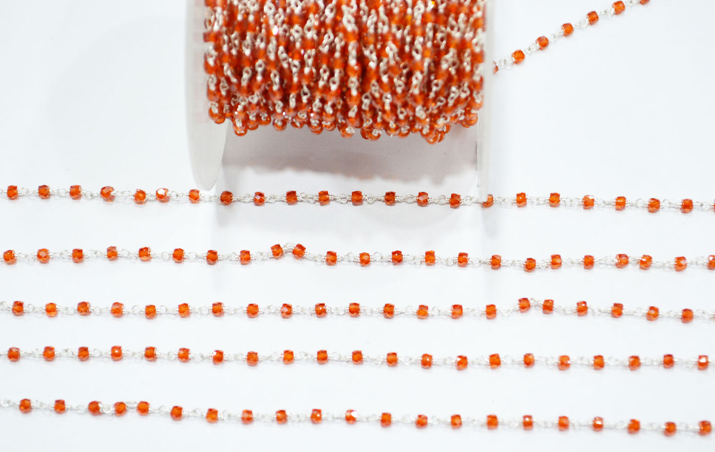 Orange Cubic Zircon Faceted Rondelle Shape Rosary Beaded Chain , Sold By Foot , 3 mm , RB-6486