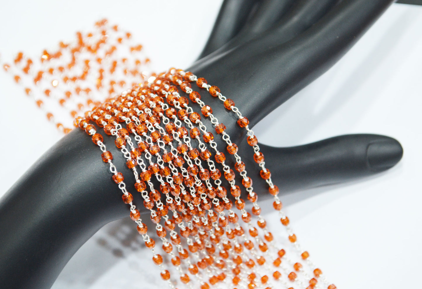 Orange Cubic Zircon Faceted Rondelle Shape Rosary Beaded Chain , Sold By Foot , 3 mm , RB-6486