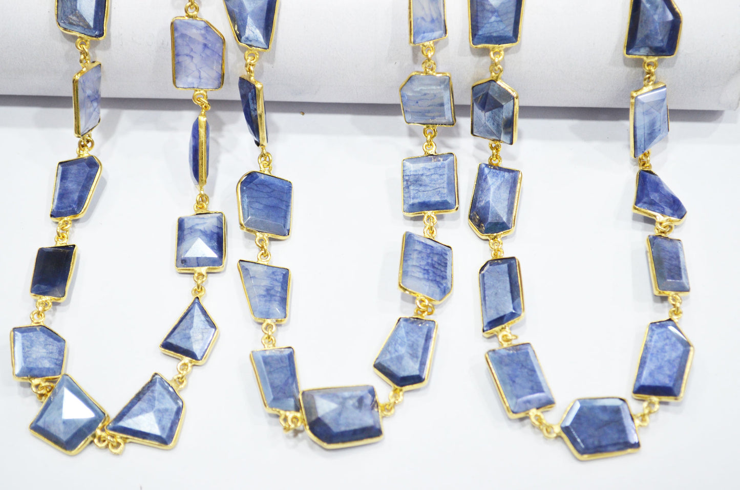 Mix Blue And White Silverite Moonstone AB Coated Huge Fancy Cut Shape Connector Chain , 14 - 22 mm , RB-6489