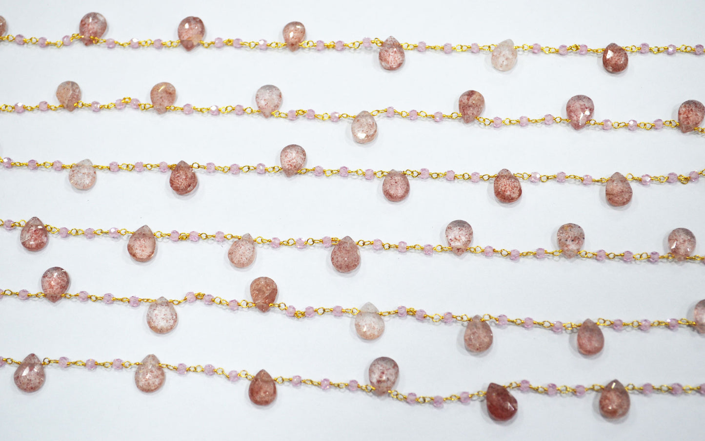 Natural Strawberry Quartz Faceted Pear Shape Rosary Beaded Chain , Pink Cubic Zircon Faceted Rondelle Shape Wire Wrapped Chain , Sold By Foot , 3 mm , RB-6501