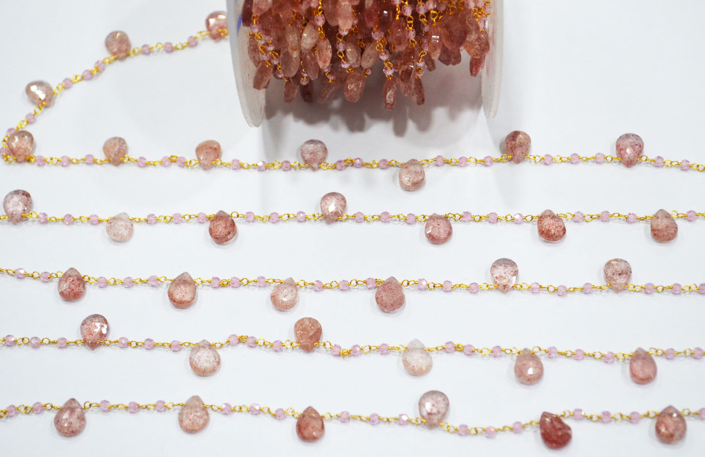 Natural Strawberry Quartz Faceted Pear Shape Rosary Beaded Chain , Pink Cubic Zircon Faceted Rondelle Shape Wire Wrapped Chain , Sold By Foot , 3 mm , RB-6501