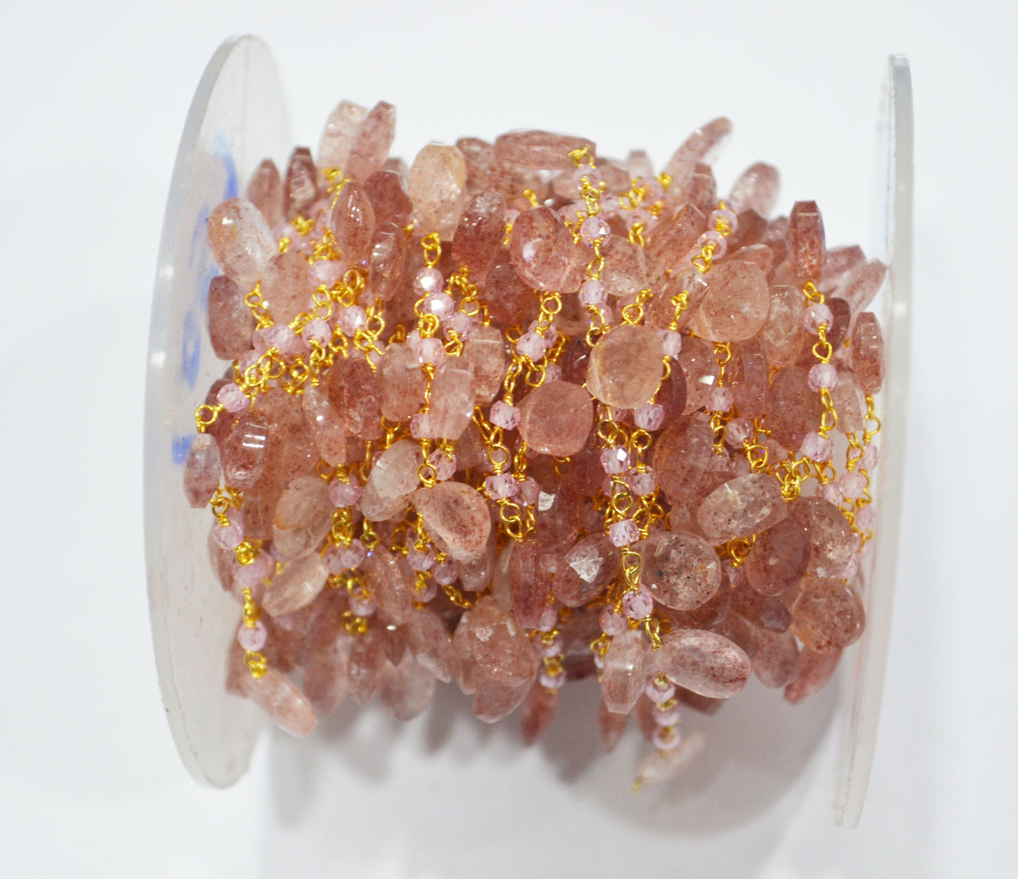 Natural Strawberry Quartz Faceted Pear Shape Rosary Beaded Chain , Pink Cubic Zircon Faceted Rondelle Shape Wire Wrapped Chain , Sold By Foot , 3 mm , RB-6501