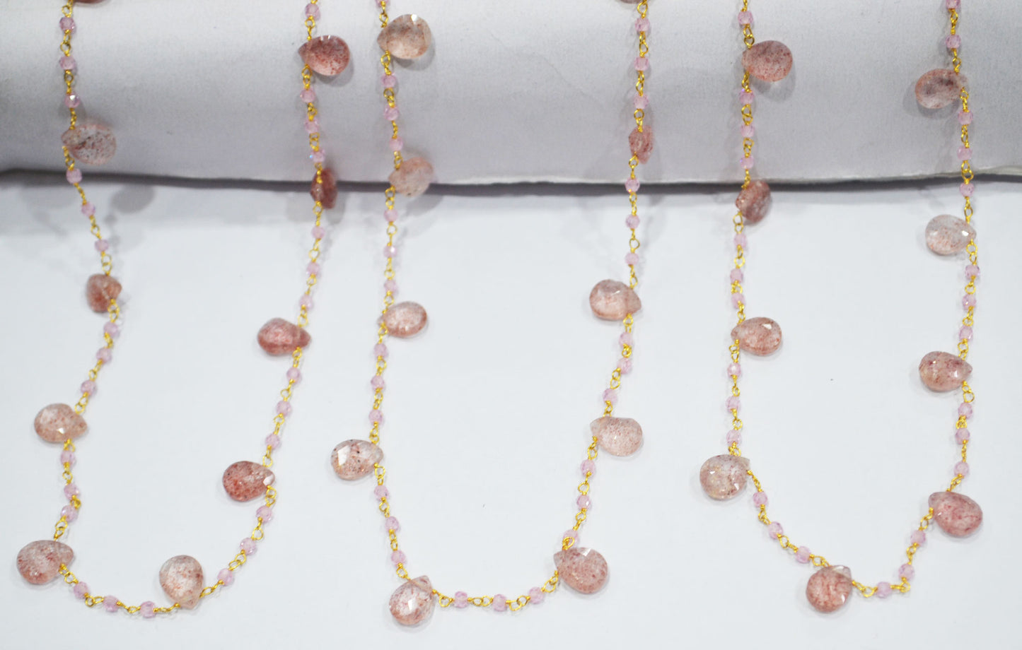 Natural Strawberry Quartz Faceted Pear Shape Rosary Beaded Chain , Pink Cubic Zircon Faceted Rondelle Shape Wire Wrapped Chain , Sold By Foot , 3 mm , RB-6501