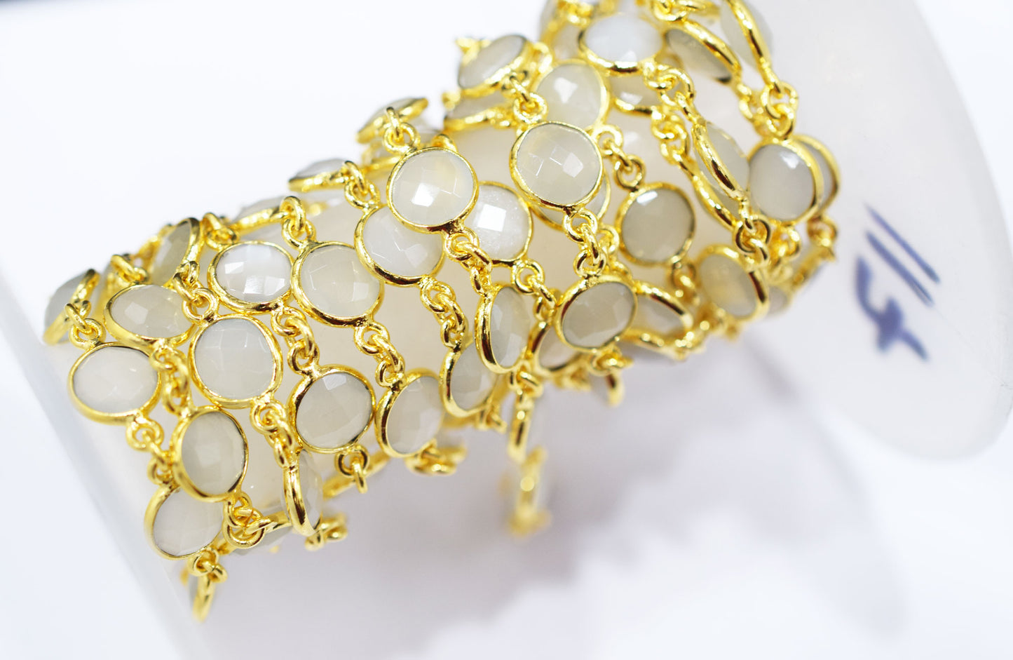 Ceylon Moonstone Faceted Coin Shape Connector Chain , 9 mm , RB-6507