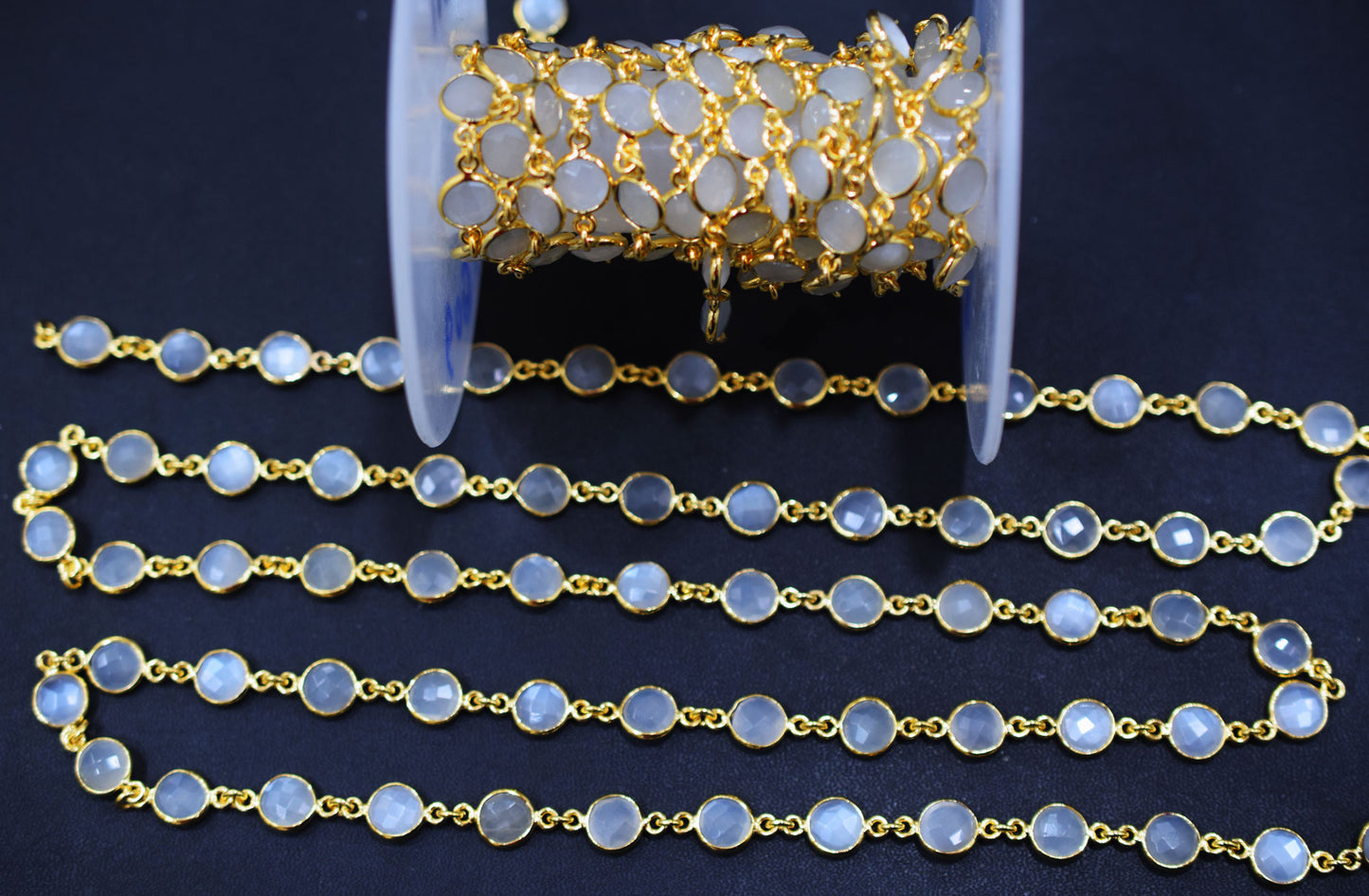 Ceylon Moonstone Faceted Coin Shape Connector Chain , 9 mm , RB-6507