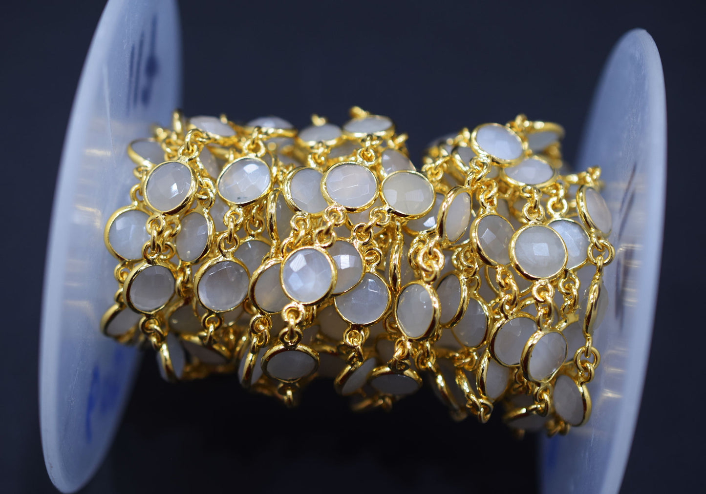 Ceylon Moonstone Faceted Coin Shape Connector Chain , 9 mm , RB-6507