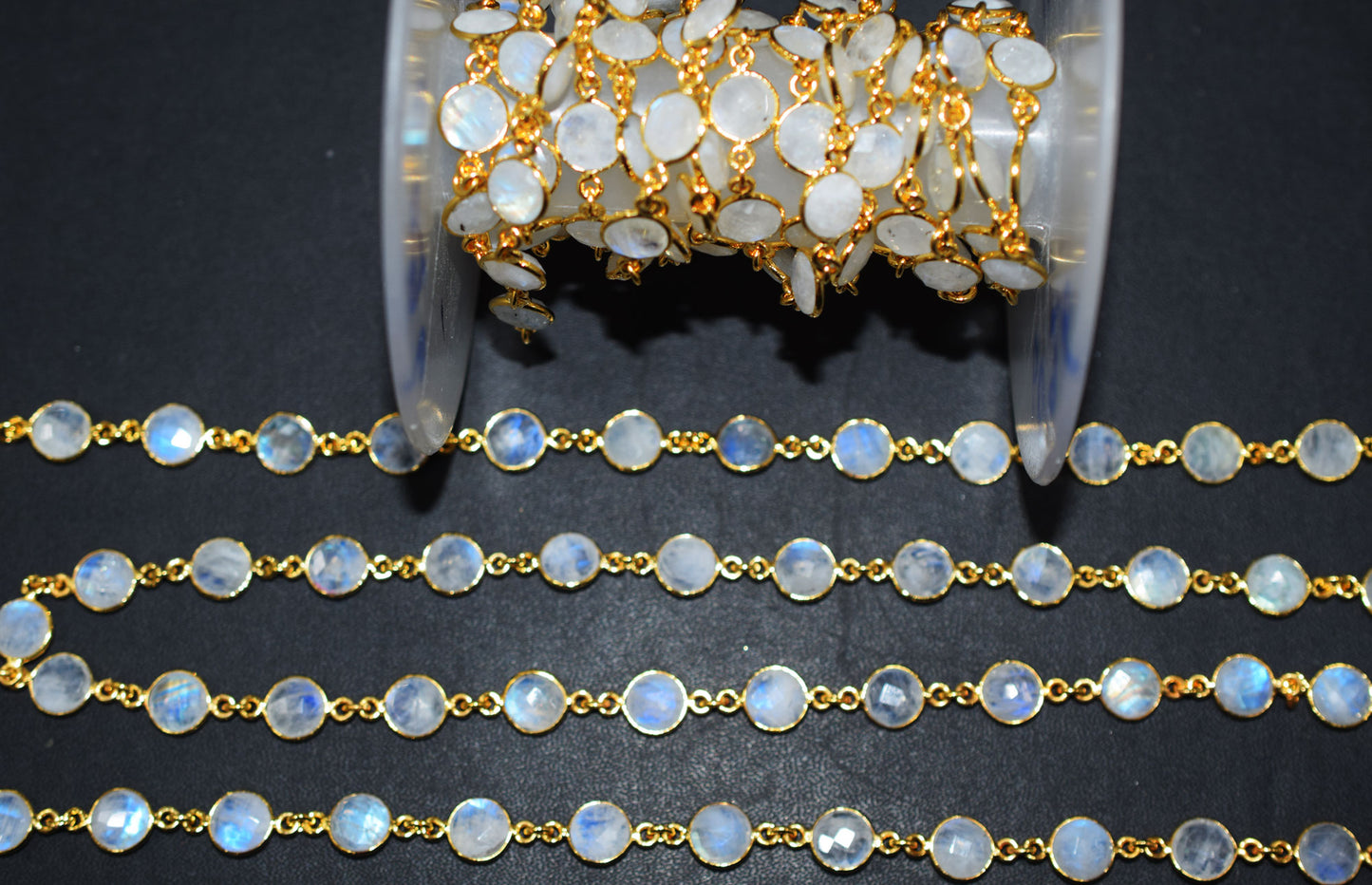 Rainbow Moonstone Faceted Coin Shape Connector Chain , 8 mm , RB-6508