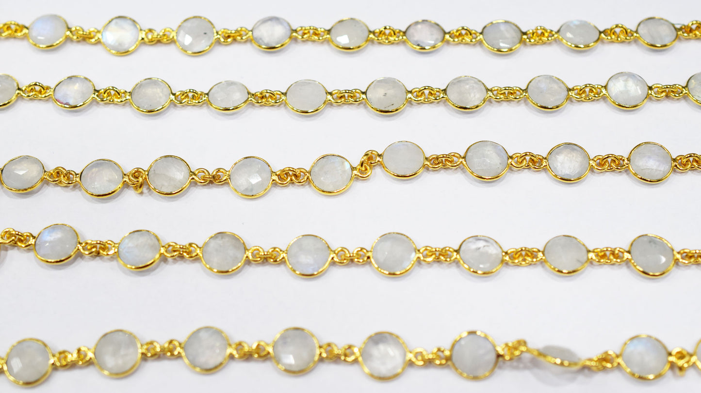 Rainbow Moonstone Faceted Coin Shape Connector Chain , 8 mm , RB-6508