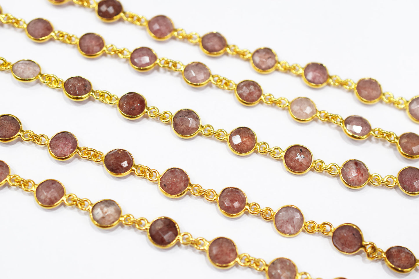 Red Strawberry Quartz Faceted Coin Shape Connector Chain , 9 mm , RB-6509