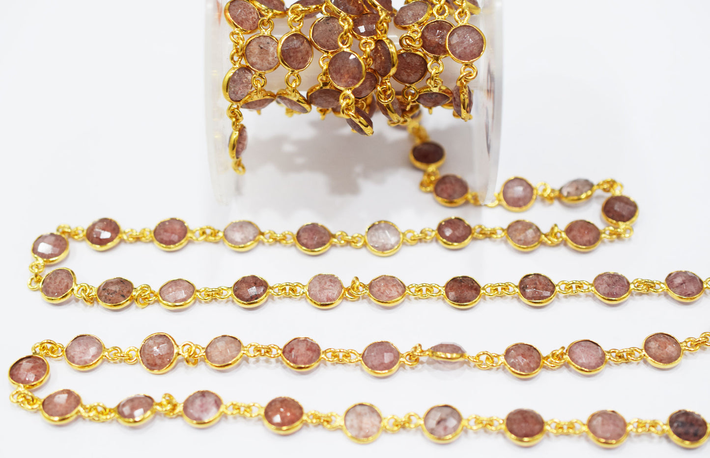 Red Strawberry Quartz Faceted Coin Shape Connector Chain , 9 mm , RB-6509