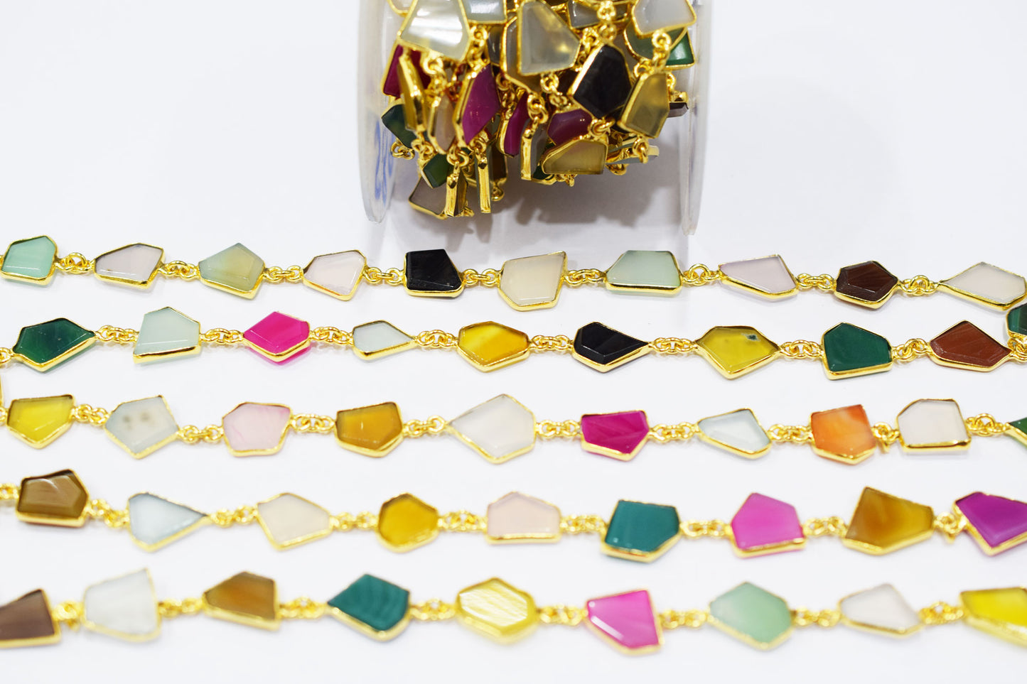 Multi Chalcedony Tablet Slice Shape Connector Chain , 11x12 - 12x13 mm , RB-6510