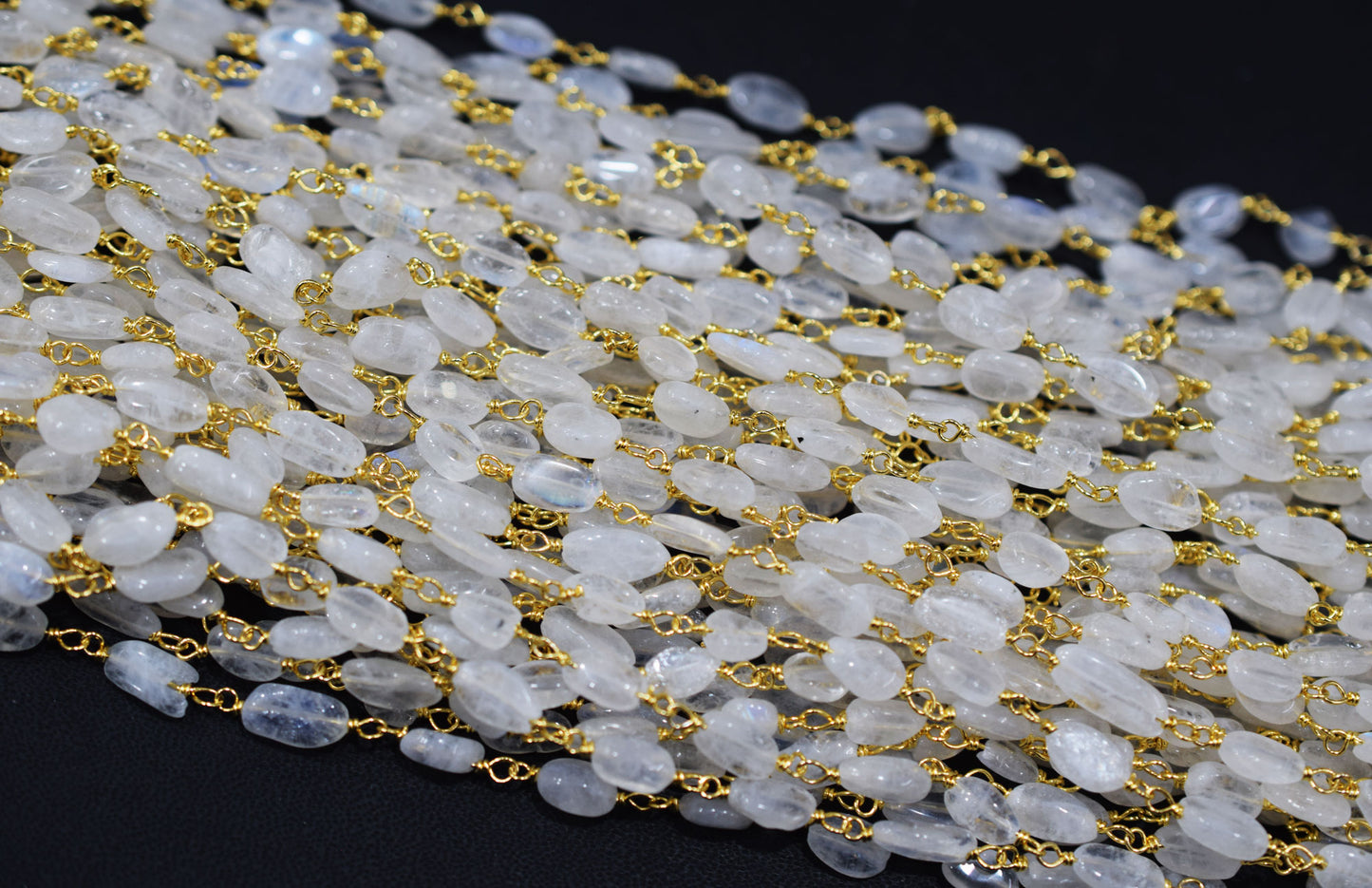 Rainbow Moonstone Smooth Uneven Oval Shape Rosary Beaded Chain , 7 - 10 mm , RB-6512
