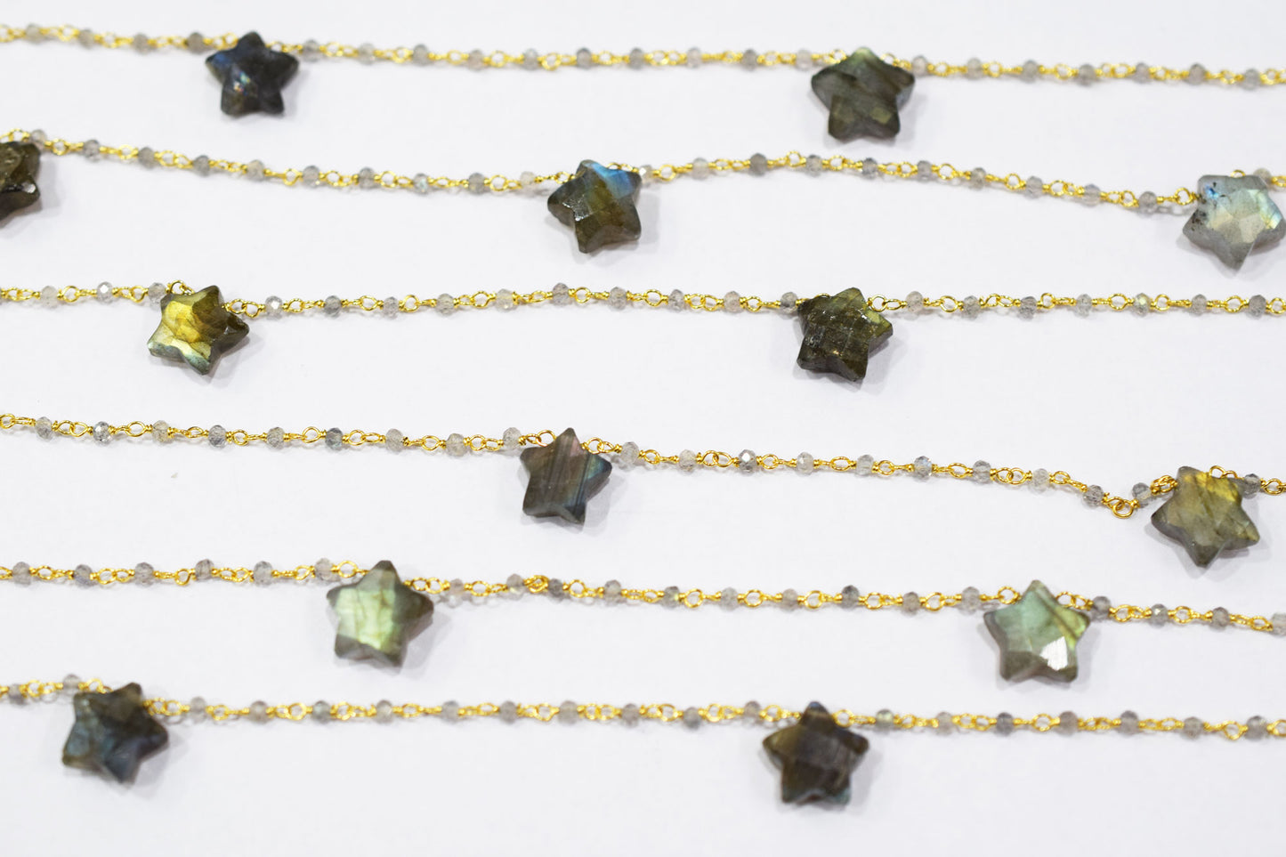 Labradorite Faceted Round Shape Rosary Beaded Chain , Labradorite Faceted Star Shape Wire Wrapped Chain , 2 - 9 mm , RB-6514A