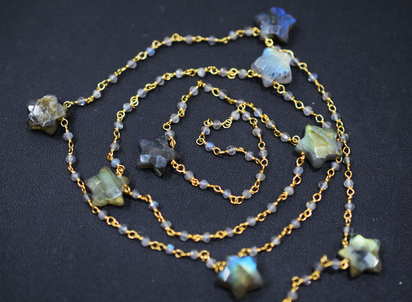 Labradorite Faceted Round Shape Rosary Beaded Chain , Labradorite Faceted Star Shape Wire Wrapped Chain , 2 - 9 mm , RB-6514A