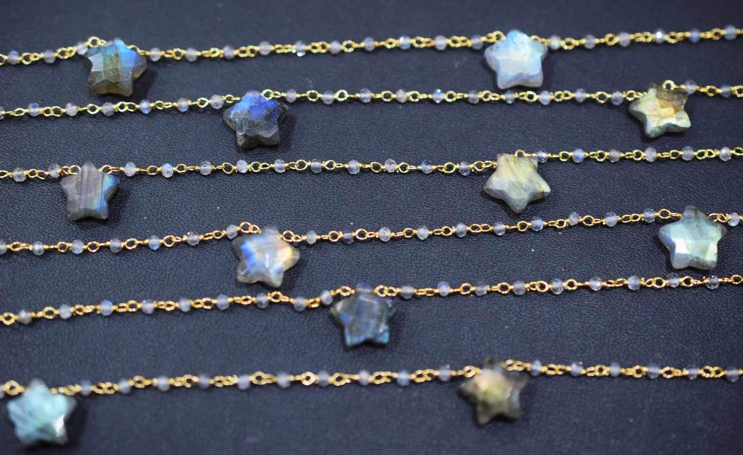 Labradorite Faceted Round Shape Rosary Beaded Chain , Labradorite Faceted Star Shape Wire Wrapped Chain , 2 - 9 mm , RB-6514A