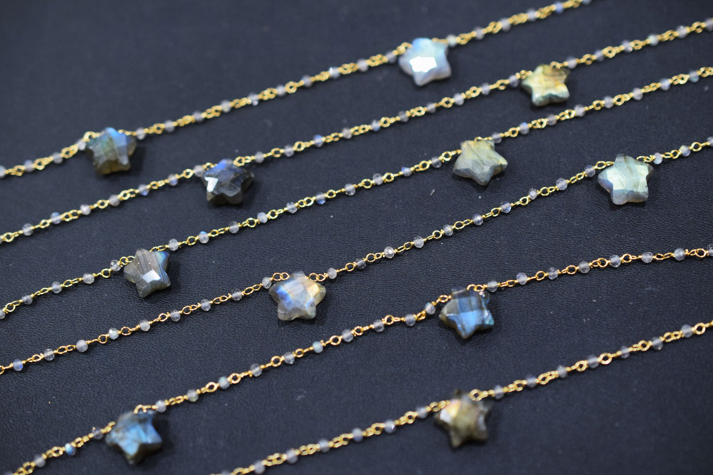 Labradorite Faceted Round Shape Rosary Beaded Chain , Labradorite Faceted Star Shape Wire Wrapped Chain , 2 - 9 mm , RB-6514A