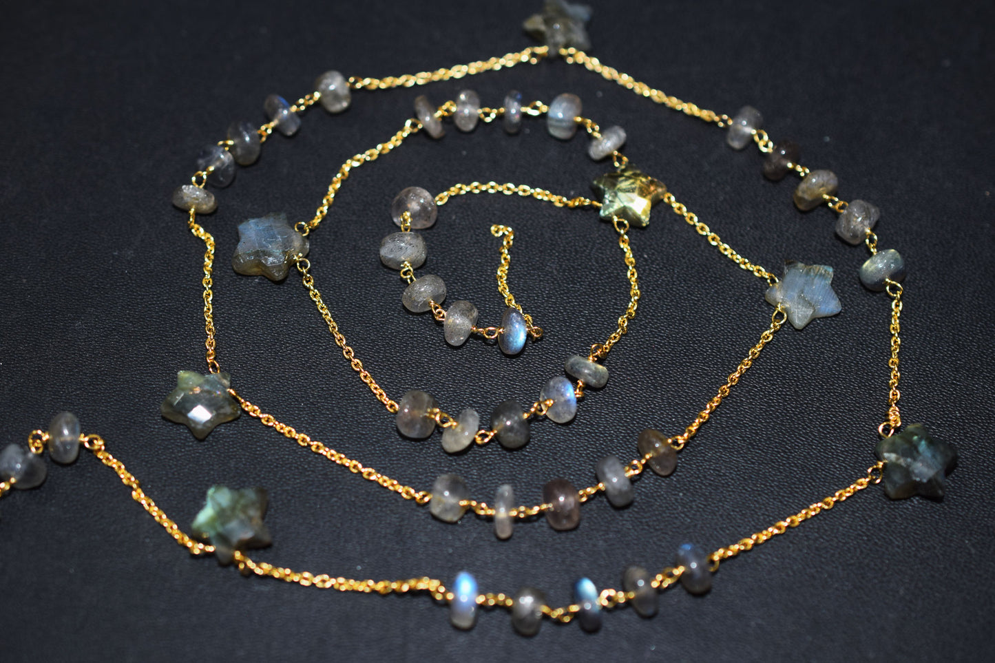 Labradorite Smooth Rondelle Shape Rosary Beaded Chain , Labradorite Faceted Star Shape Wire Wrapped Chain , 7 - 9 mm , RB-6514B