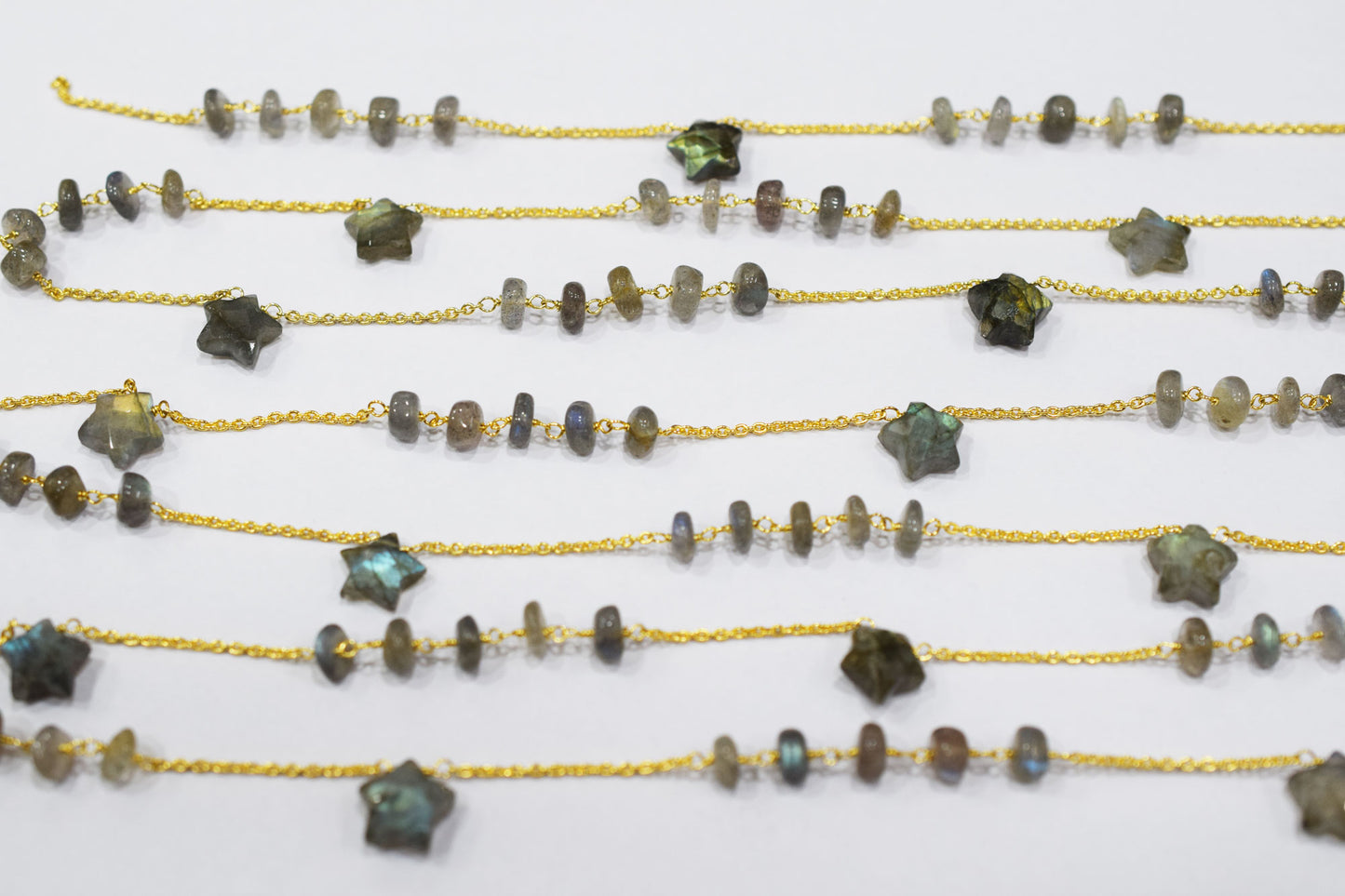 Labradorite Smooth Rondelle Shape Rosary Beaded Chain , Labradorite Faceted Star Shape Wire Wrapped Chain , 7 - 9 mm , RB-6514B