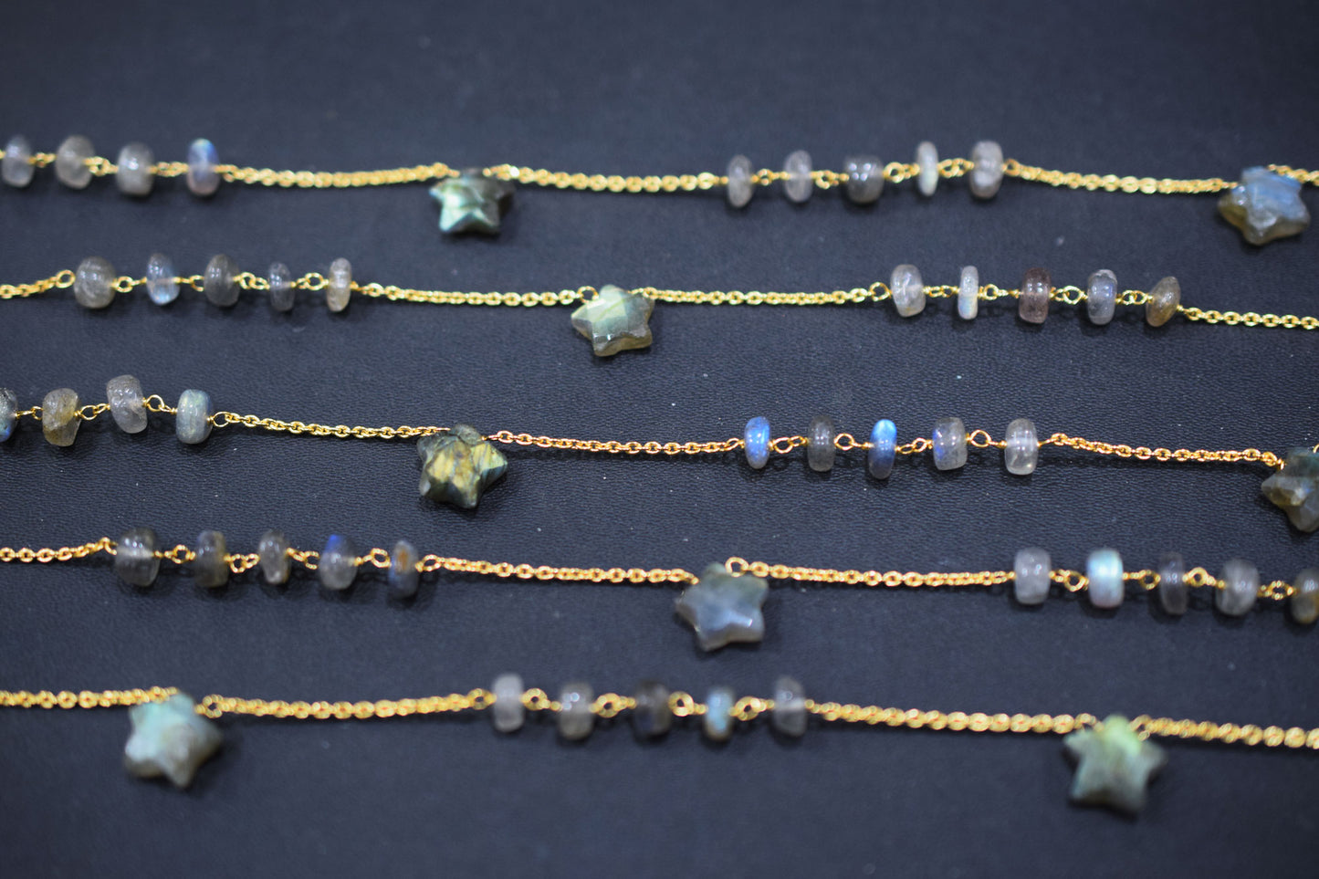 Labradorite Smooth Rondelle Shape Rosary Beaded Chain , Labradorite Faceted Star Shape Wire Wrapped Chain , 7 - 9 mm , RB-6514B