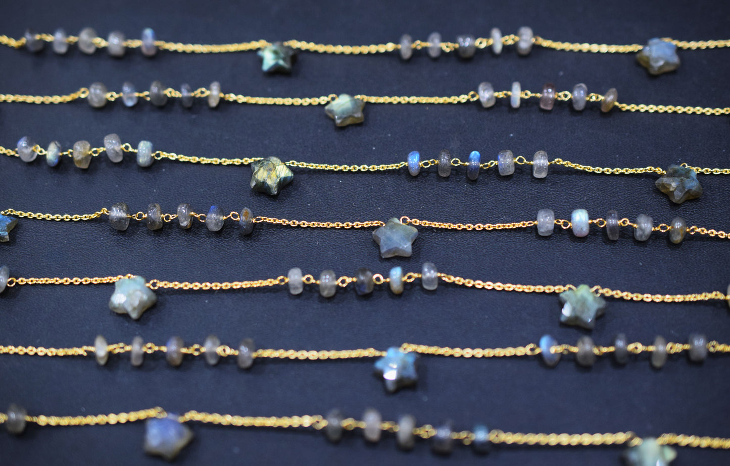 Labradorite Smooth Rondelle Shape Rosary Beaded Chain , Labradorite Faceted Star Shape Wire Wrapped Chain , 7 - 9 mm , RB-6514B