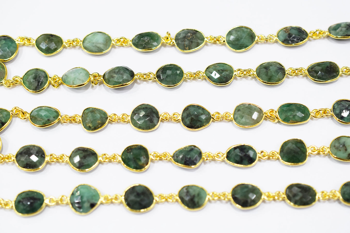 Natural Sakota Emerald Faceted Slice Shape Connector Chain , 10x12 - 11x13 mm , RB-6520