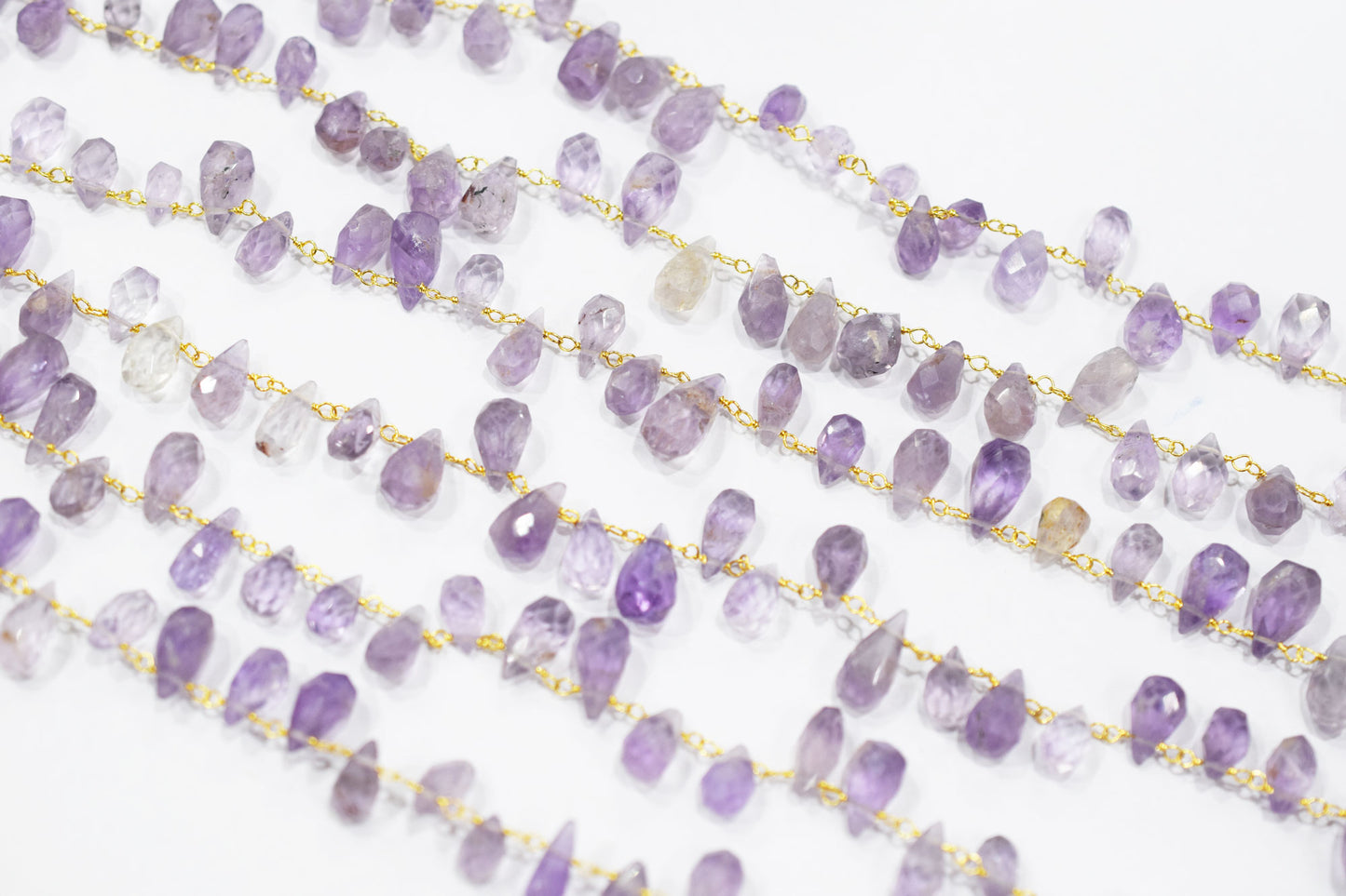 Pink Amethyst Hand Cut Drops Shape Rosary Beaded Chain , 8 mm , RB-6524