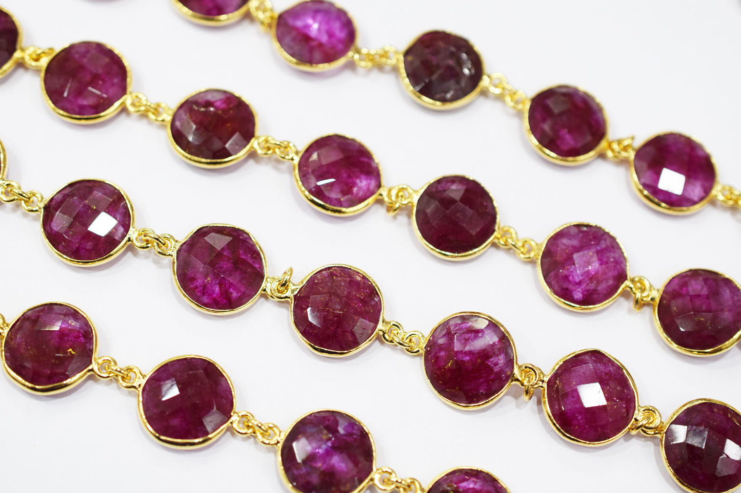 Dyed Ruby Beryl Faceted Coin Shape Connector Chain , 14 mm , RB-6525