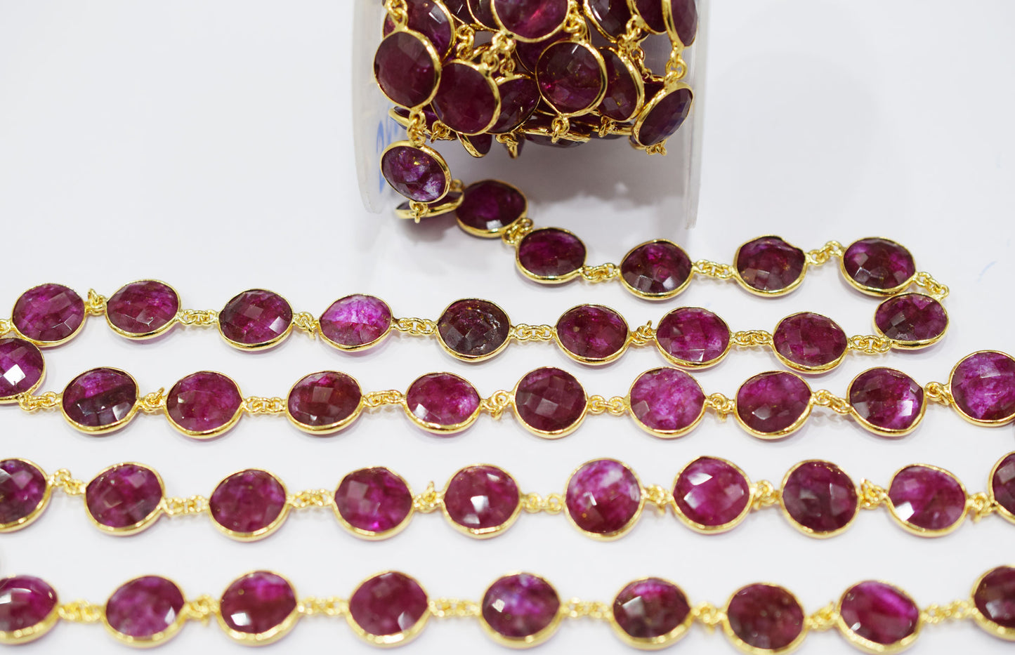 Dyed Ruby Beryl Faceted Coin Shape Connector Chain , 14 mm , RB-6525