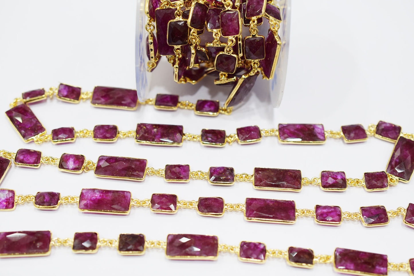 Dyed Ruby Beryl Faceted Baguette Shape Alternate Connector Chain , 11 - 22 mm , RB-6526
