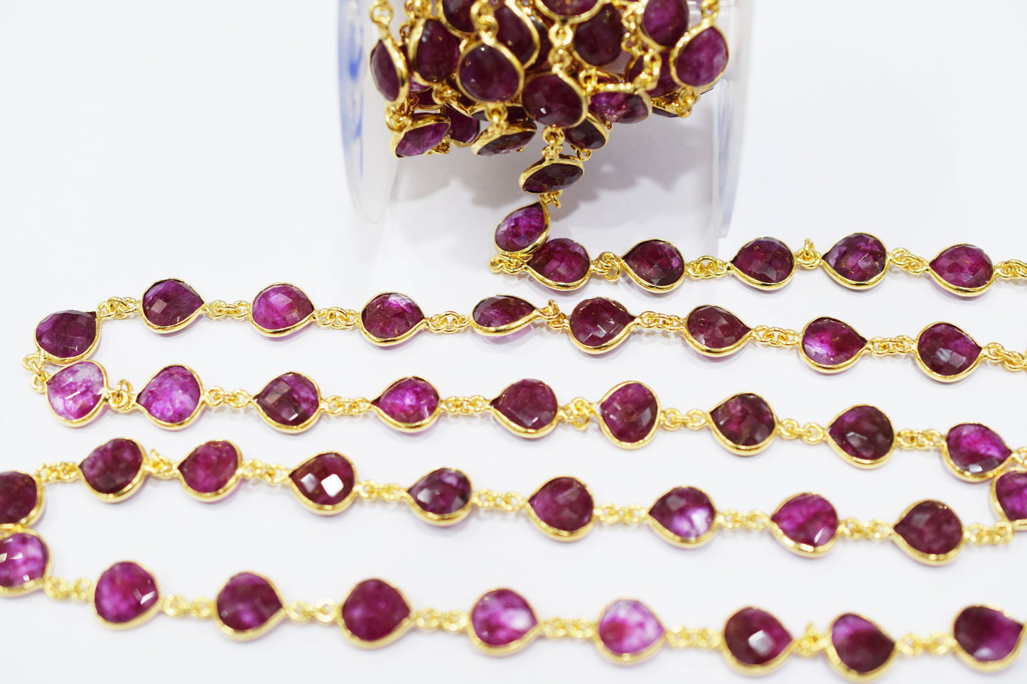 Dyed Ruby Beryl Faceted Heart Shape Connector Chain , 9 mm , RB-6527