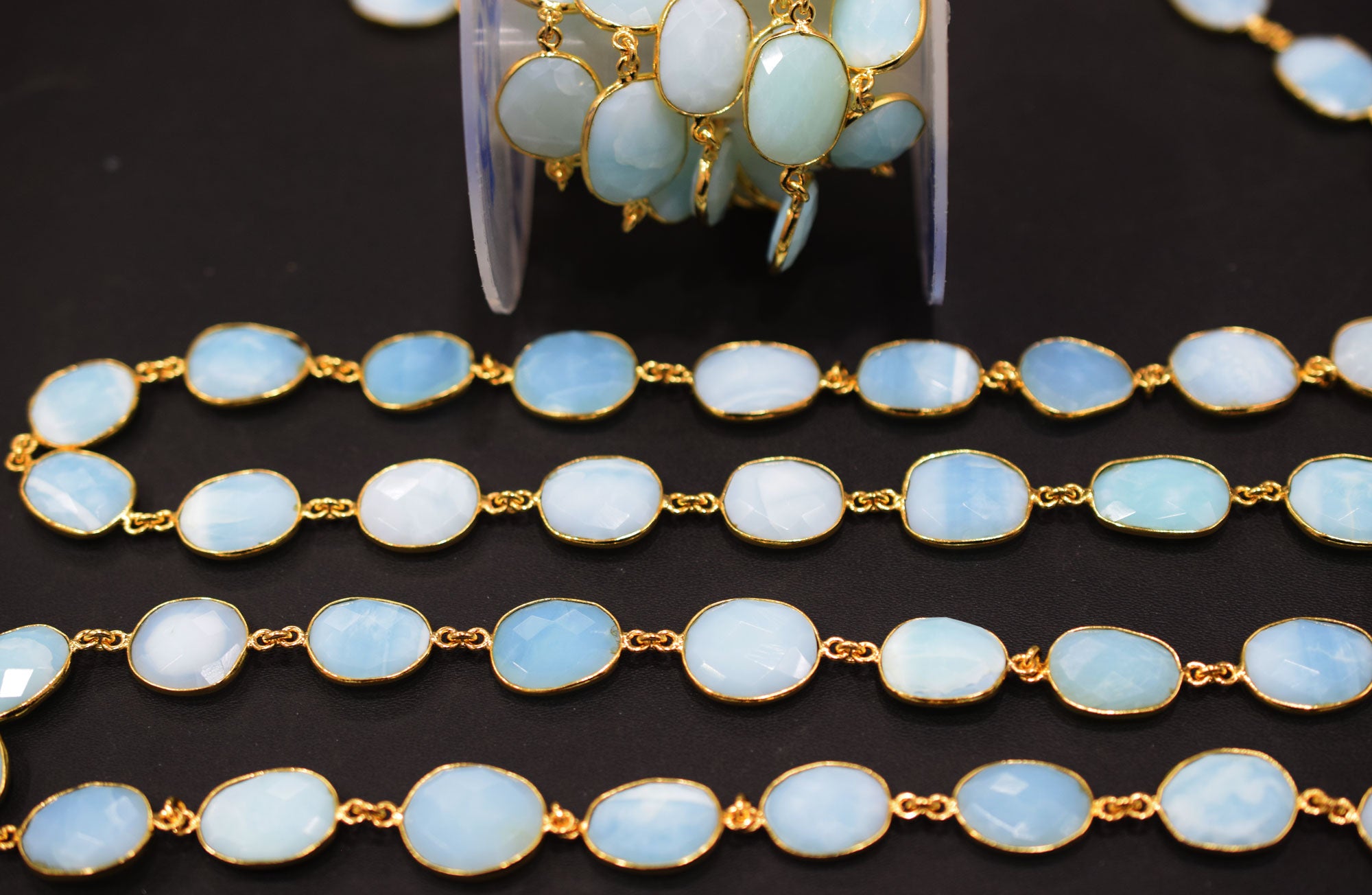 Natural Aqua Peruvian Opal Faceted Slice Shape Connector Chain , 12 - 14 mm , RB-6530