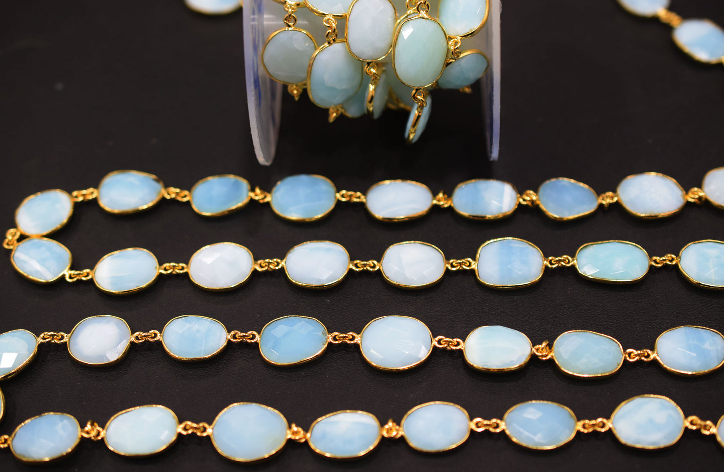 Natural Aqua Peruvian Opal Faceted Slice Shape Connector Chain , 12 - 14 mm , RB-6530