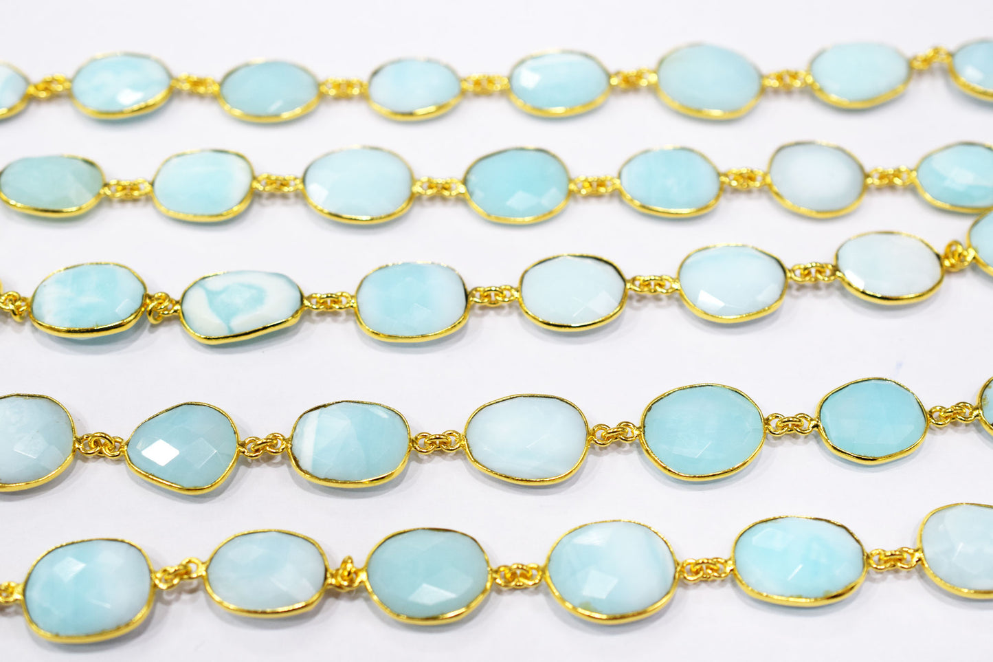 Natural Aqua Peruvian Opal Faceted Slice Shape Connector Chain , 12 - 14 mm , RB-6530
