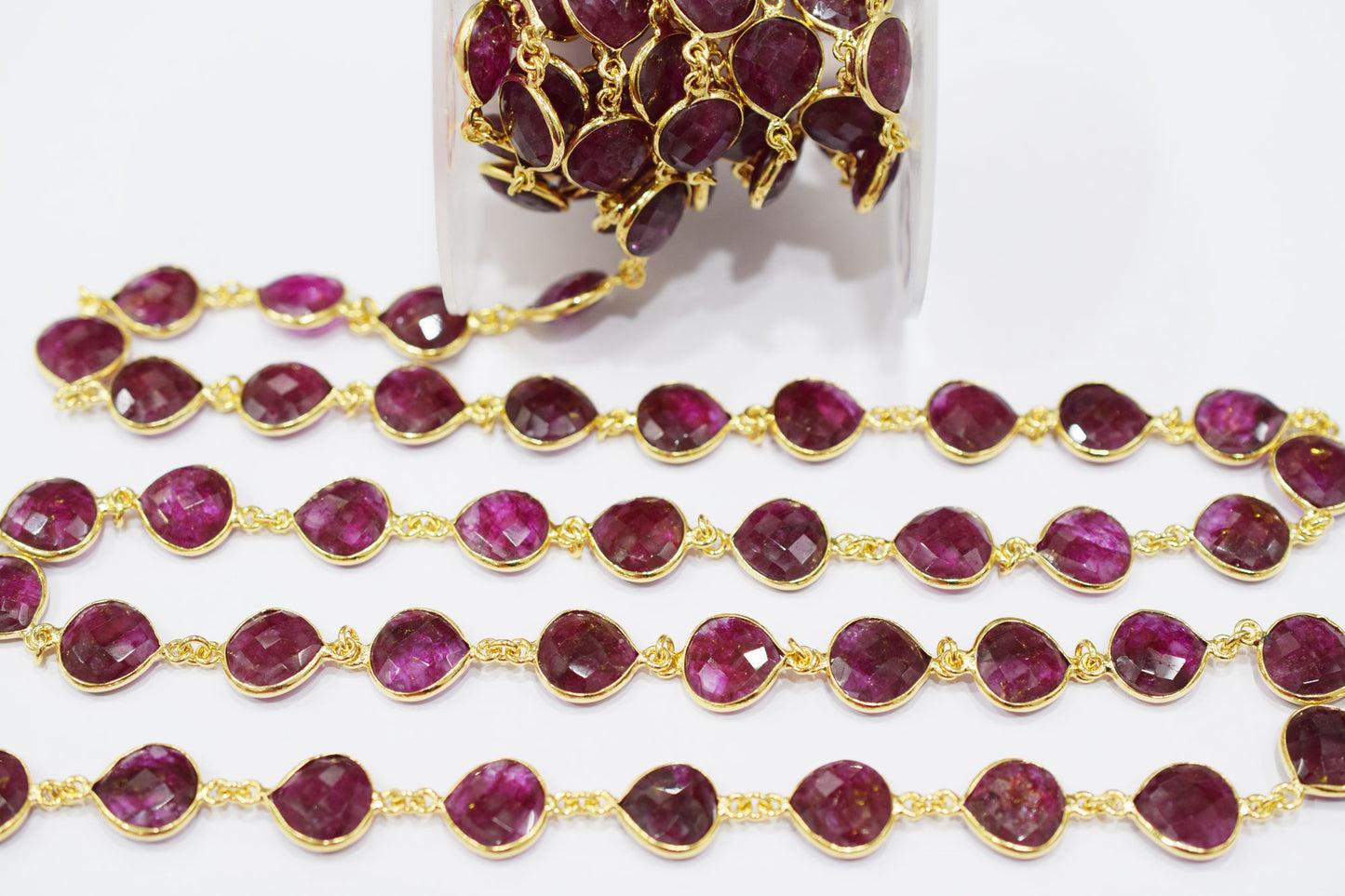 Dyed Ruby Beryl Faceted Heart Shape Connector Chain , 14 mm , RB-6537