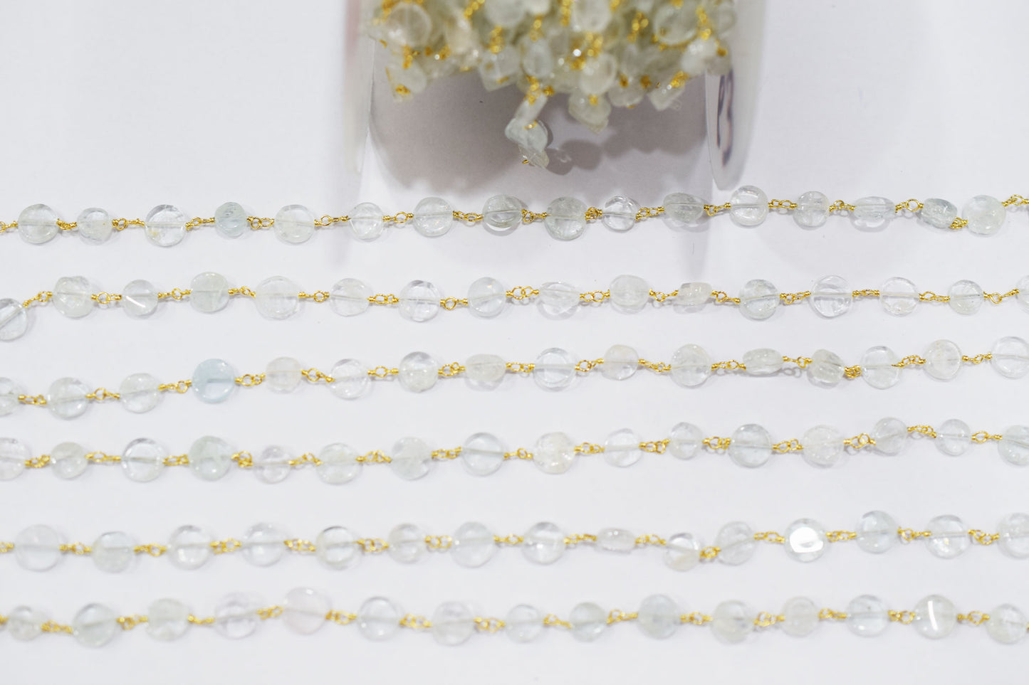 Aquamarine Smooth Coin Shape Rosary Beaded Chain , 7 mm , RB-6538