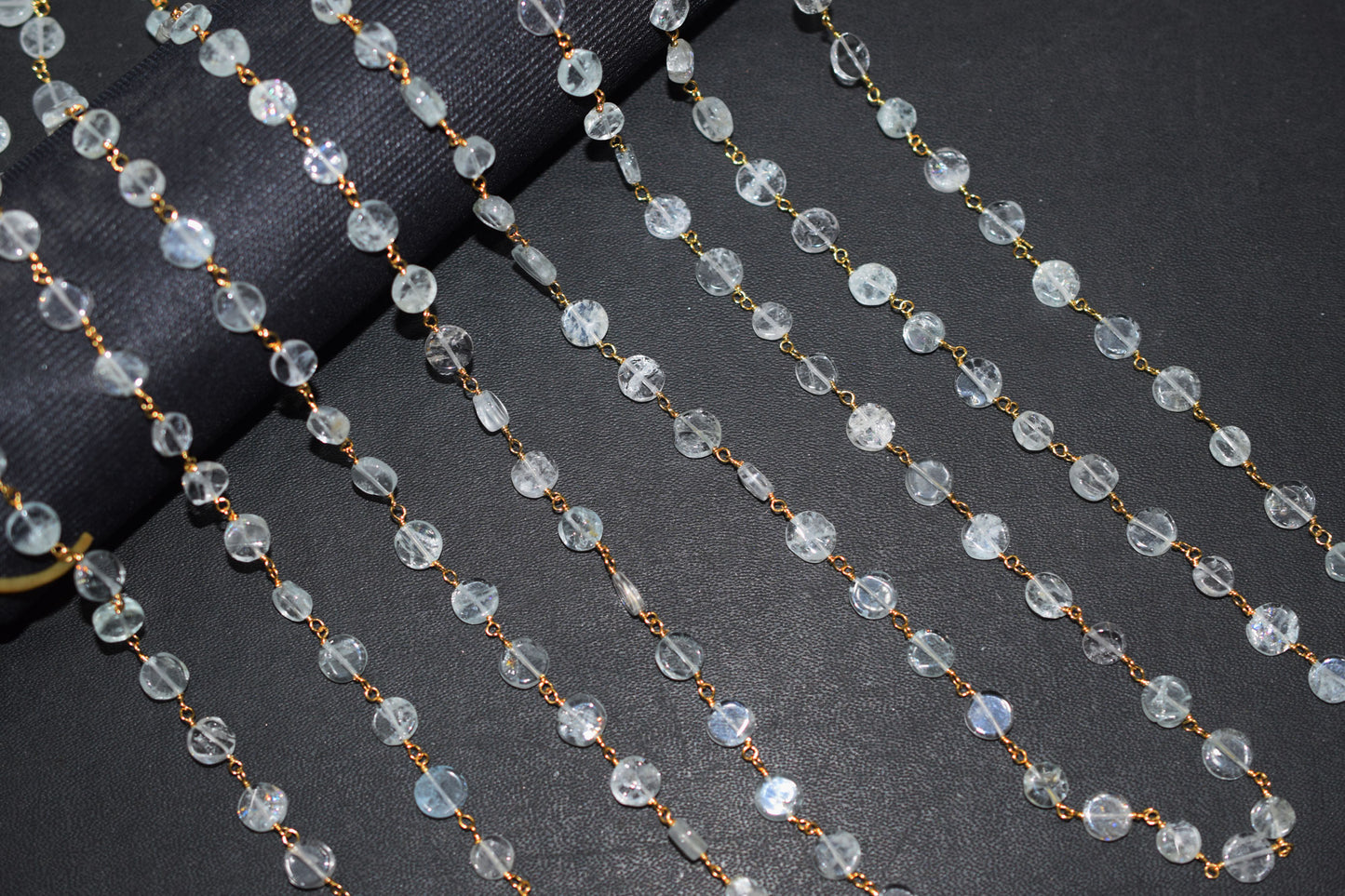Aquamarine Smooth Coin Shape Rosary Beaded Chain , 7 mm , RB-6538