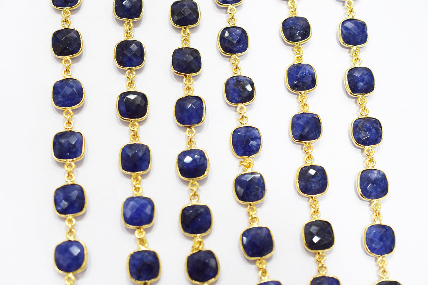 Dyed Sapphire Beryl Faceted Cushion Shape Connector Chain , 12 mm , RB-6539