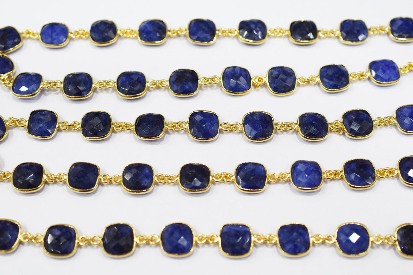 Dyed Sapphire Beryl Faceted Cushion Shape Connector Chain , 12 mm , RB-6539