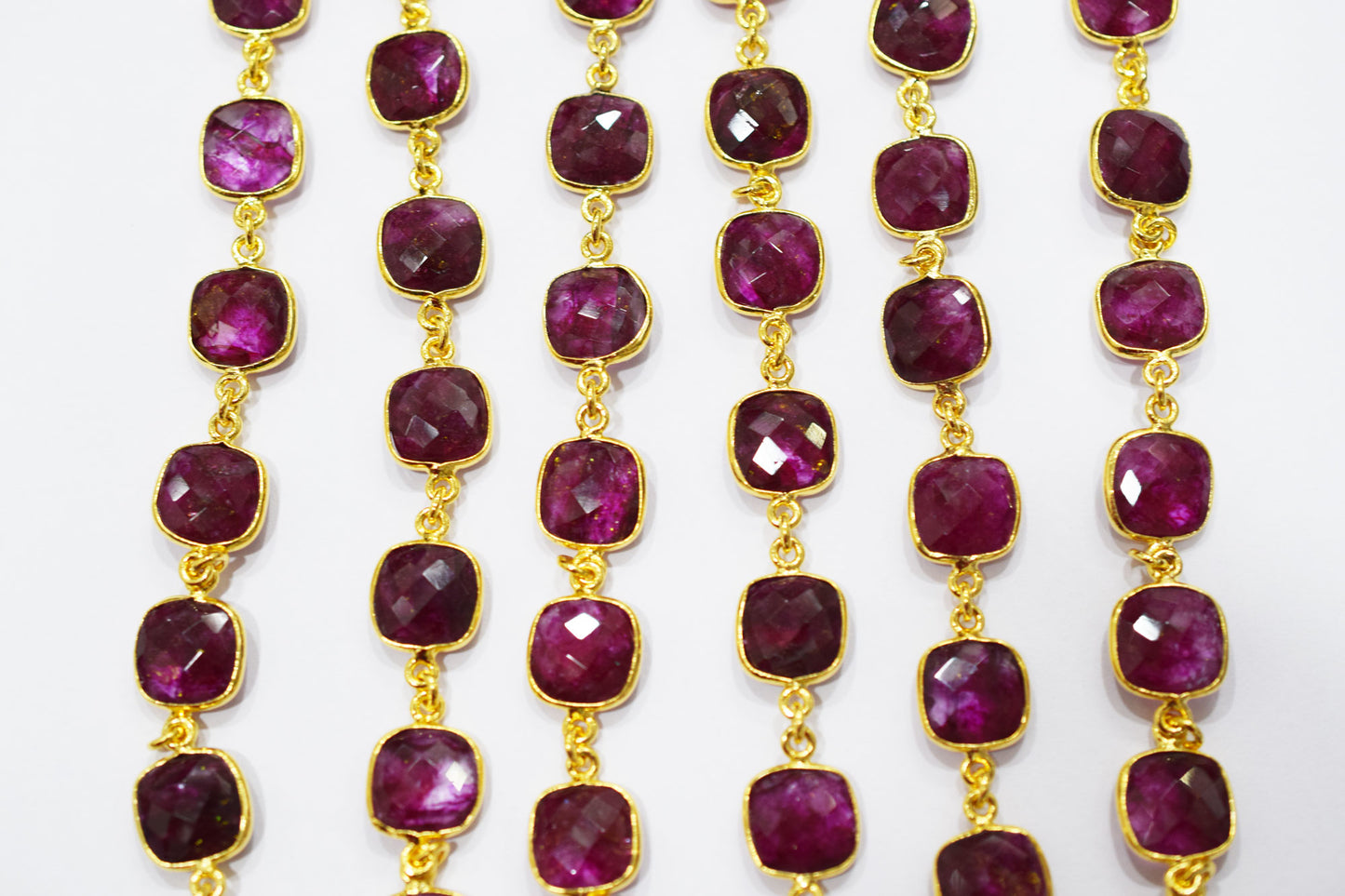 Dyed Ruby Beryl Faceted Cushion Shape Connector Chain , 12 mm , RB-6541