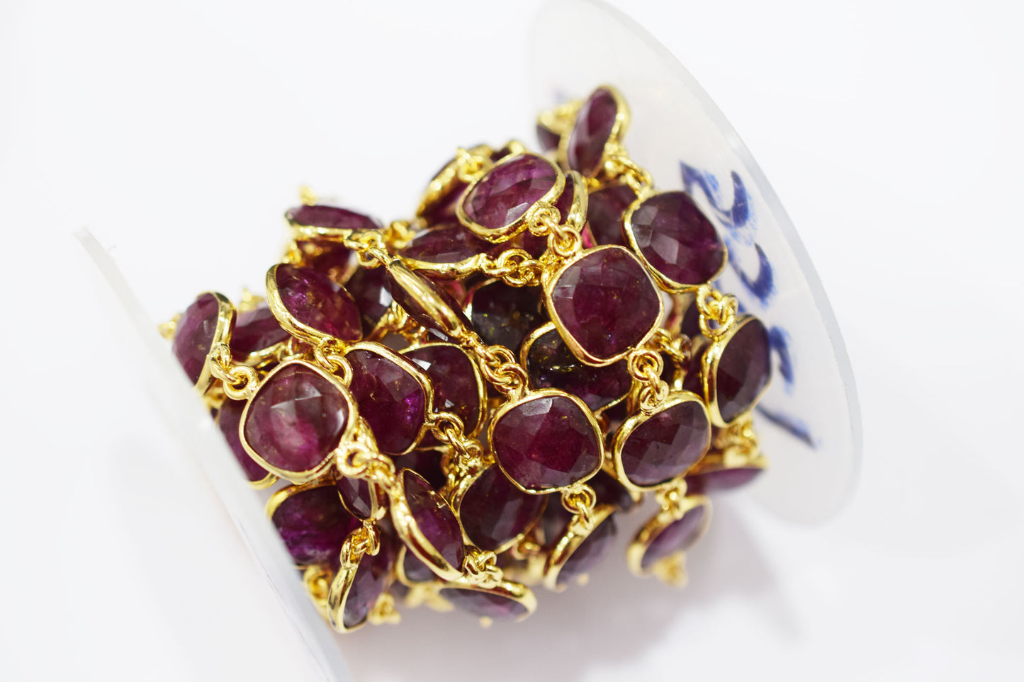 Dyed Ruby Beryl Faceted Cushion Shape Connector Chain , 12 mm , RB-6541