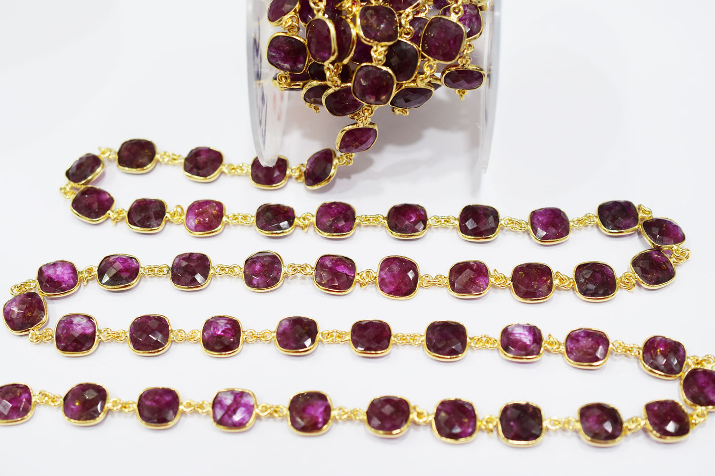 Dyed Ruby Beryl Faceted Cushion Shape Connector Chain , 12 mm , RB-6541