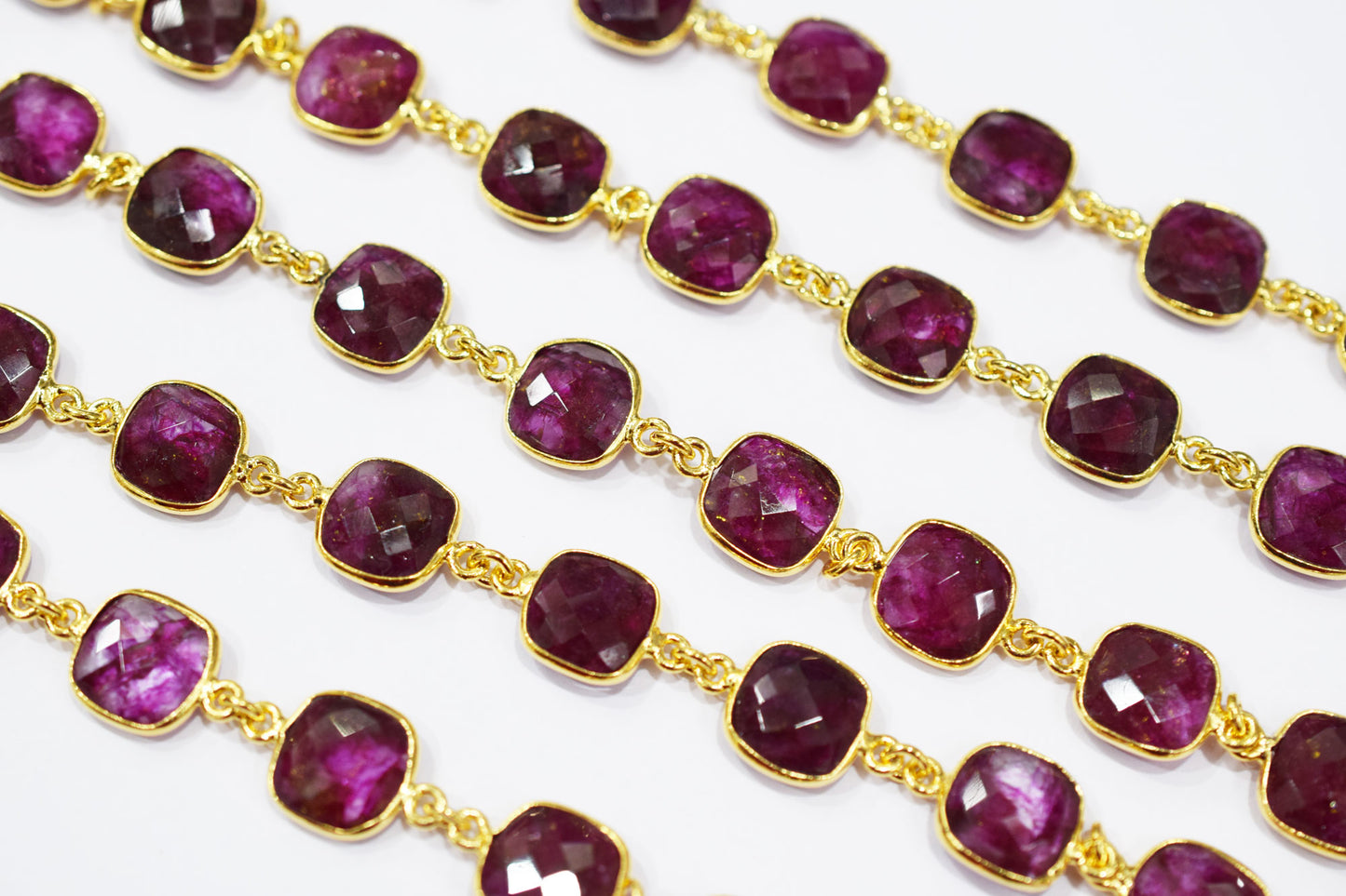 Dyed Ruby Beryl Faceted Cushion Shape Connector Chain , 12 mm , RB-6541