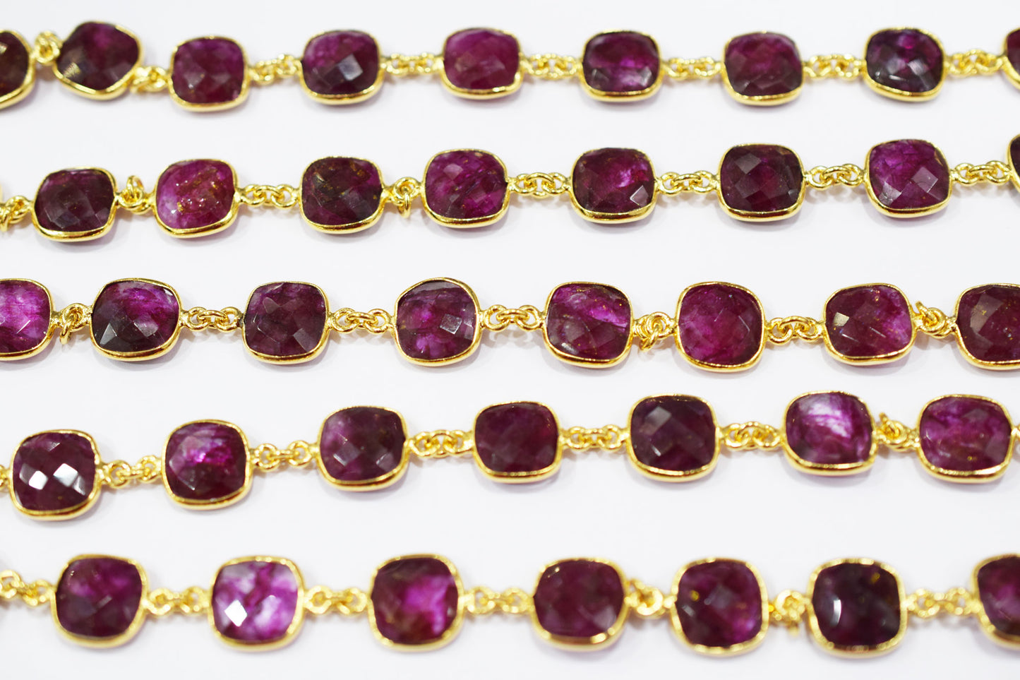 Dyed Ruby Beryl Faceted Cushion Shape Connector Chain , 12 mm , RB-6541