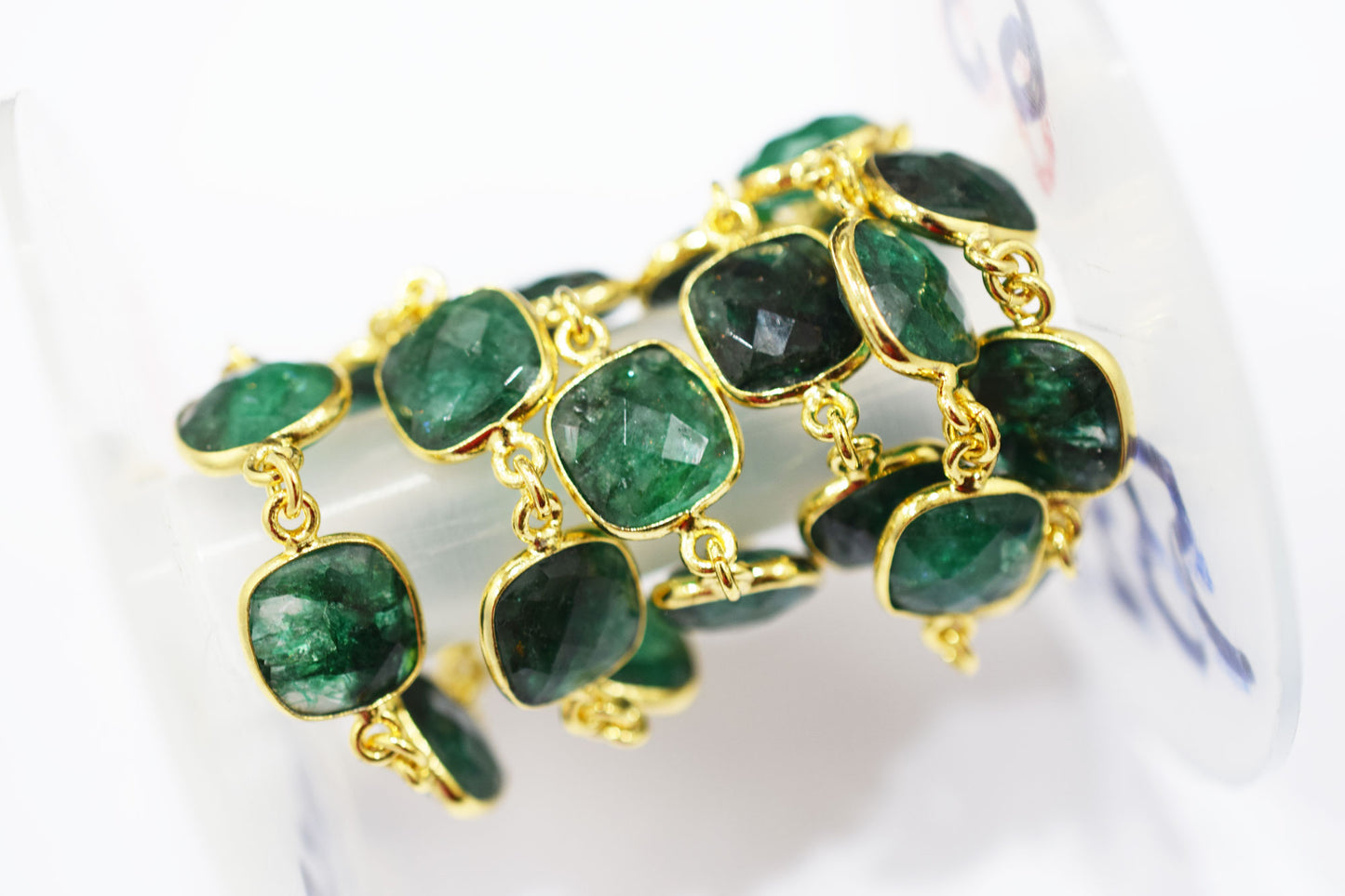 Dyed Emerald Faceted Cushion Shape Connector Chain , 12x12 mm , RB-6542