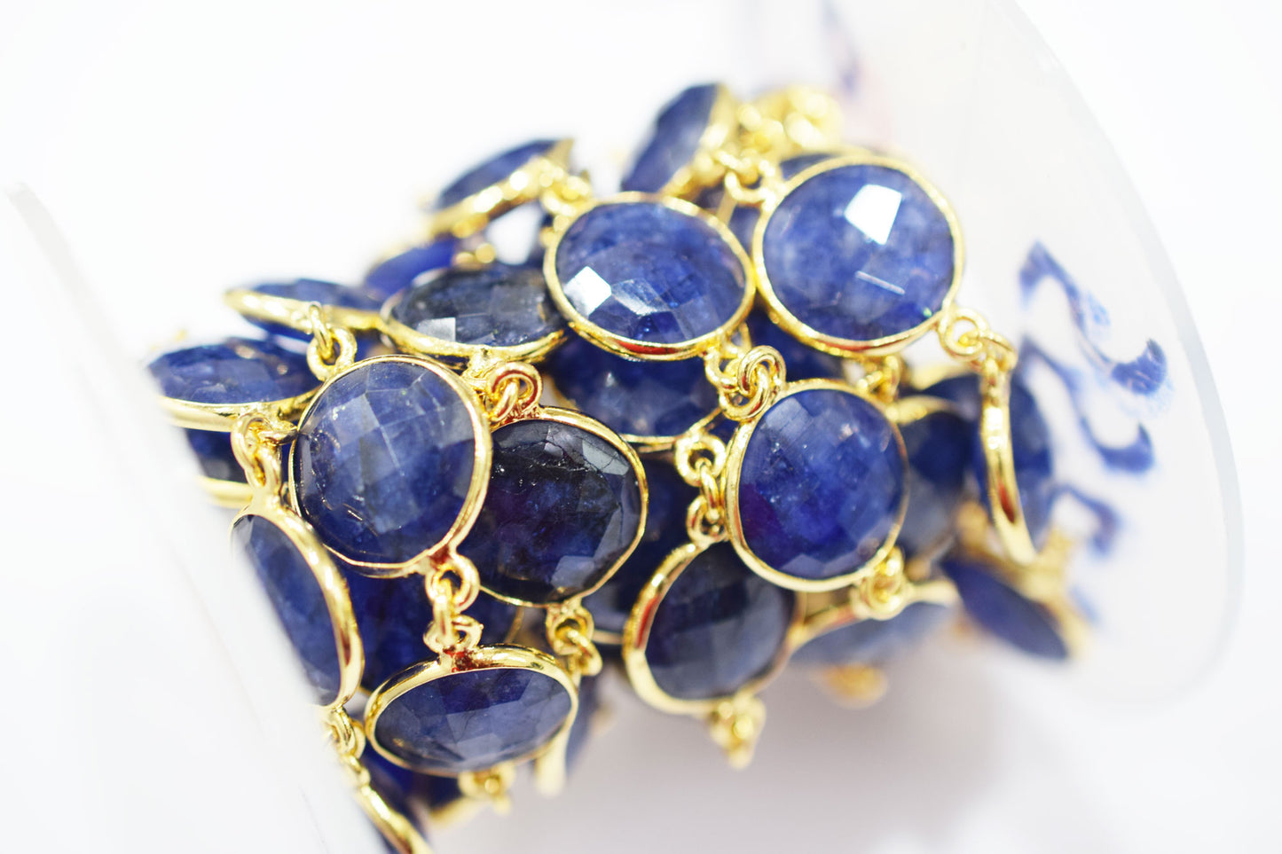 Dyed Sapphire Beryl Faceted Coin Shape Connector Chain , 12 mm , RB-6543