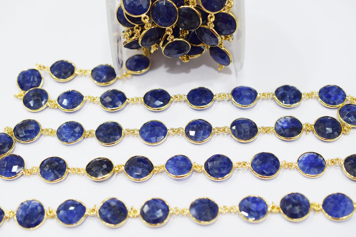 Dyed Sapphire Beryl Faceted Coin Shape Connector Chain , 12 mm , RB-6543