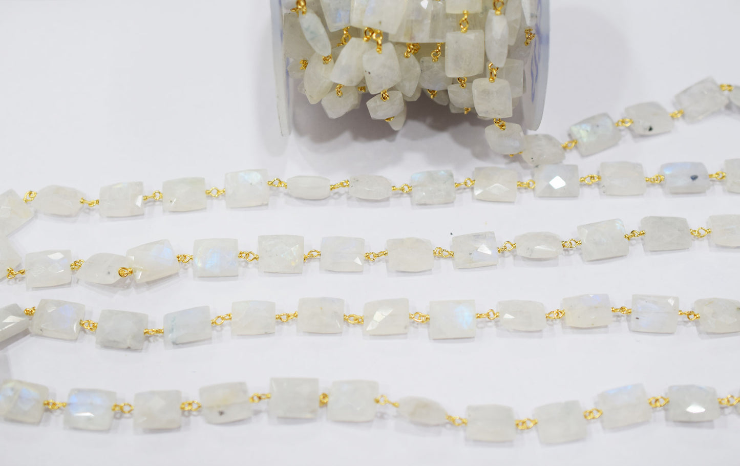 Rainbow Moonstone Faceted Chicklet Shape Rosary Beaded Chain , 8x10 mm , RB-6573