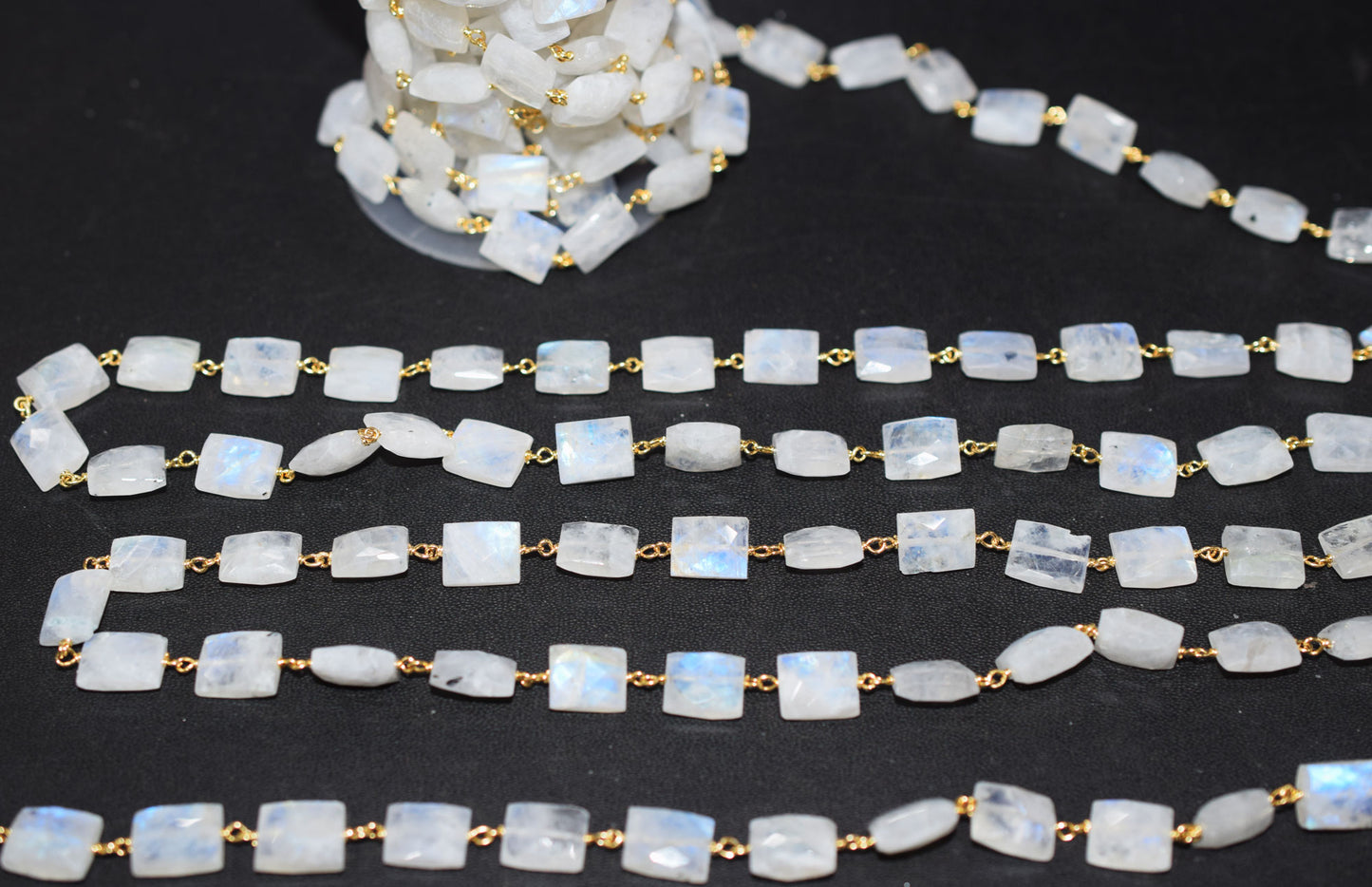 Rainbow Moonstone Faceted Chicklet Shape Rosary Beaded Chain , 8x10 mm , RB-6573