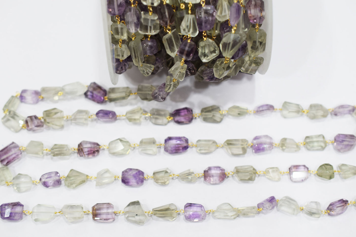 Pink Amethyst Faceted Laser Cut Nuggets Shape Rosary Beaded Chain , Green Amethyst Wire Wrapped Chain , 11 - 18 mm , RB-6574
