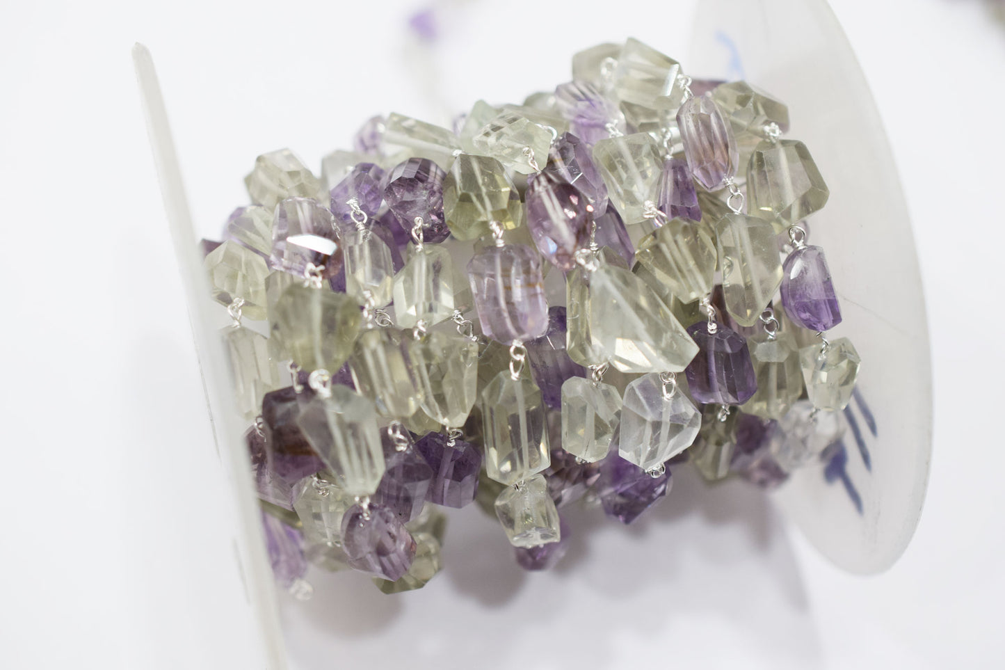Pink Amethyst Faceted Laser Cut Nuggets Shape Rosary Beaded Chain , Green Amethyst Wire Wrapped Chain , 11 - 18 mm , RB-6574